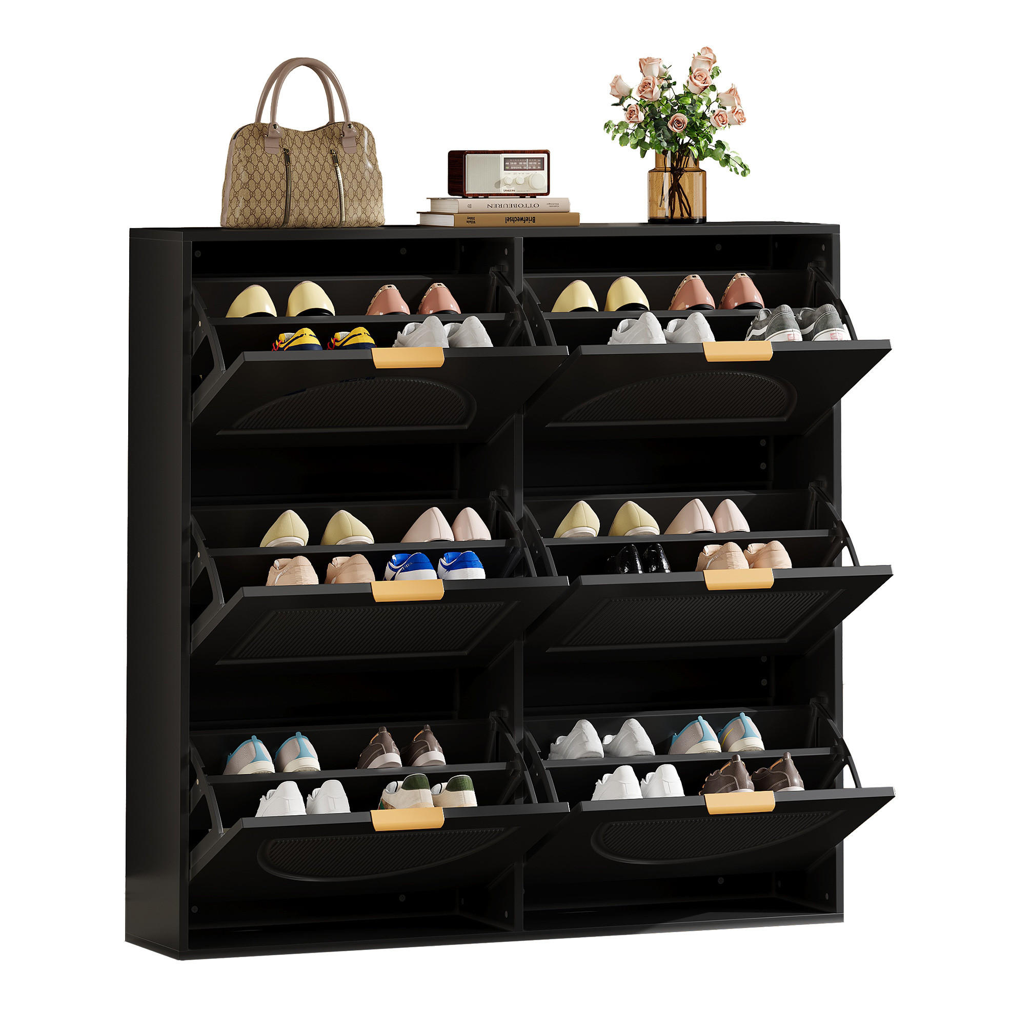 SCHUHSCHRANK 118/25/115 cm mit 6 Klappen, schmales Design in Schwarz - Schwarz, Holzwerkstoff (118/115/25cm) - BEAOK