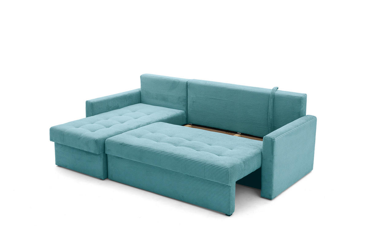 ECKSOFA PULA L Links mit Schlaffunktion 132x198 Cord Blau - Blau/Schwarz, Holz/Kunststoff (214/145cm) - Muffo