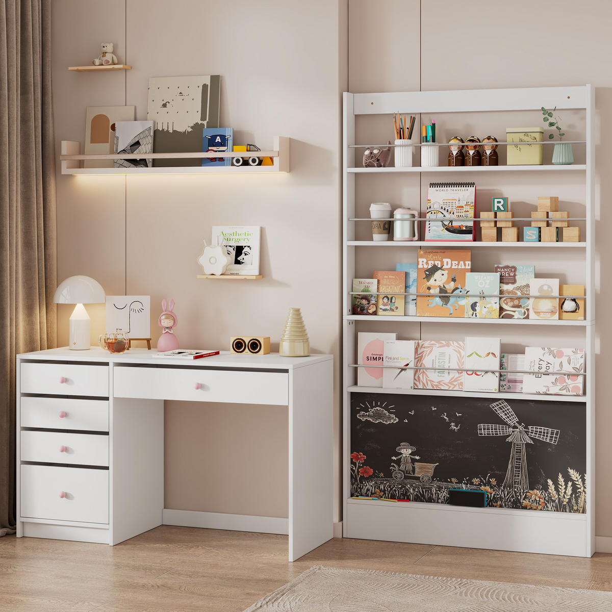 SCHREIBTISCH SET Weiß Kindermöbel Schreibtisch + Bilderbuchregal Kombination - Weiß, Holz (45/180/220cm) - FLIEKS