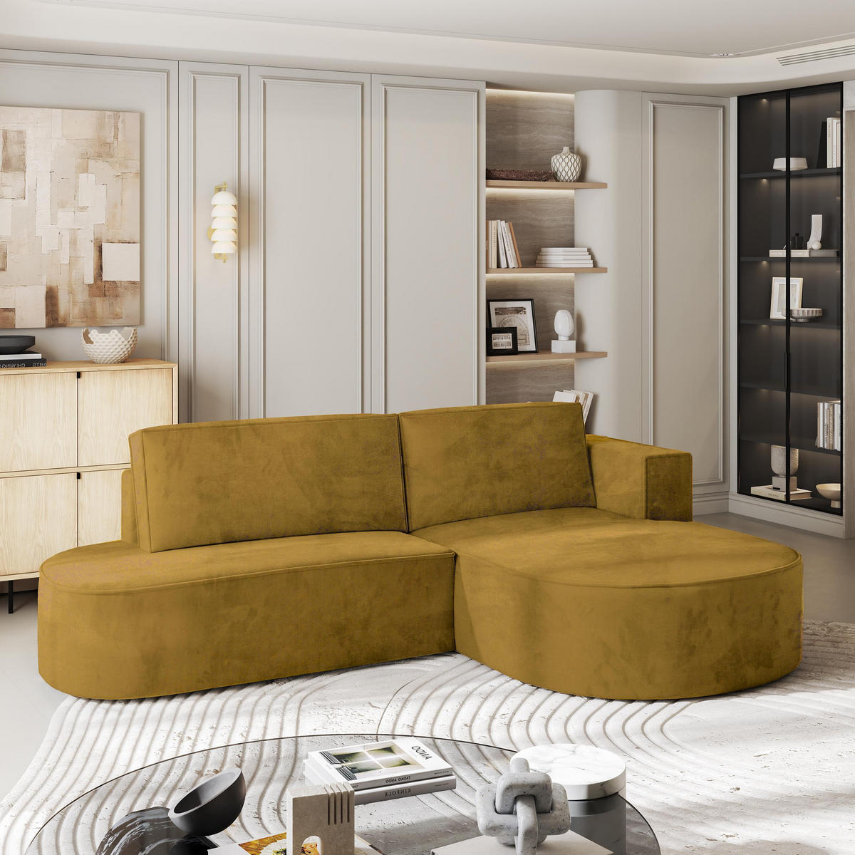 ROHOVÁ SEDAČKA CORTIO žlutá - šedá/žlutá, dřevo/textil (265/174cm) - MASSENO