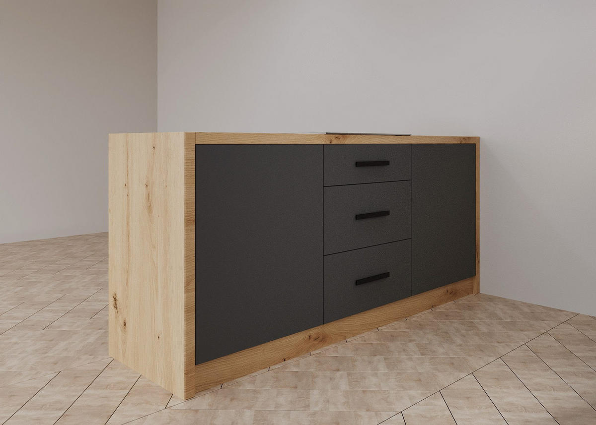 INSELKÜCHE Nexa Grau – 360 cm + Insel 180 cm – K104-G360 - Schwarz/Grau, Holzwerkstoff/Metall (360/210/60cm) - ROYAL24_MARKT