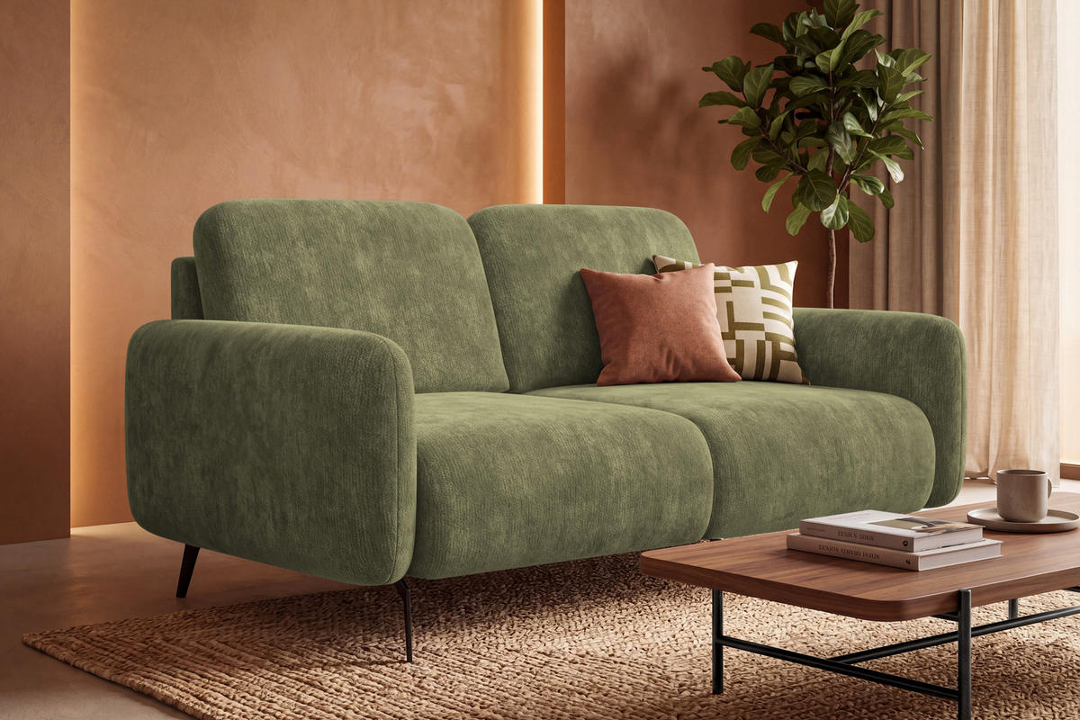 SOFA FEBE 2-Sitzer, olivgrüner Chenille-Stoff - Schwarz/Olivgrün, Holz/Textil (160/82/96cm) - Wozimo