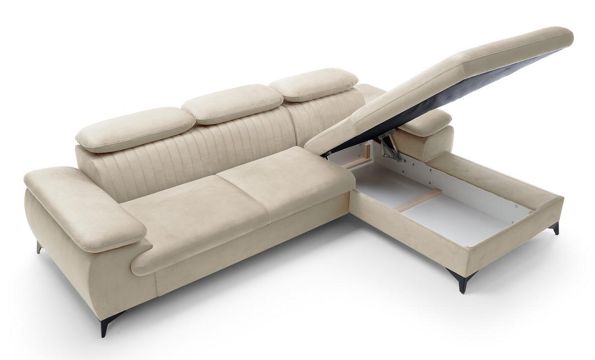 ECKSOFA 280 cm Xanto M, Schlaffunktion, verstellbaren Kopfstützen, Rechts, Creme - Creme, Holz (193/280cm) - Emporius