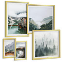 BILDER SET 5er Set - 50x50 cm & 20x30 cm & 40x60 cm Goldrahmen - Berge, See, Boot, Nebel, Strand - Goldfarben, Kunststoff (40/60cm) - TULUP