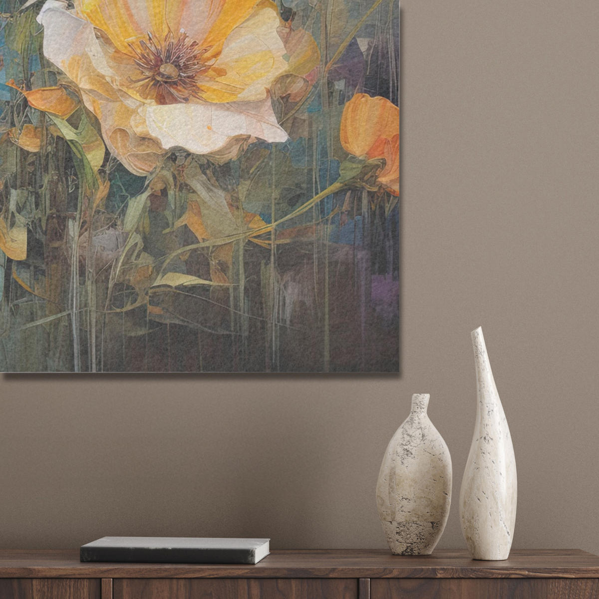 AKUSTIKPANEEL Blumen - Aquarell - Kunst - Botanisch - Natur 60x80 cm - Orange, Textil (60/0.9/80cm) - MuchoWow