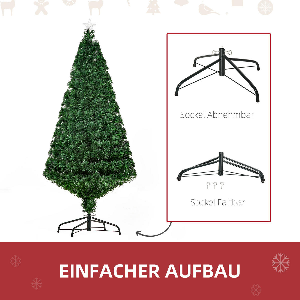 WEIHNACHTSBAUM Tannenbaum Christbaum LED Lichtfaser Baum Stern 8 Modell - Grün, Metall (120cm) - HOMCOM