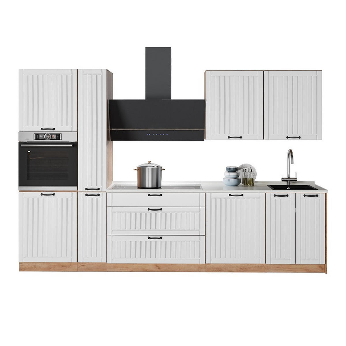 KÜCHENZEILE Fame-Line, Weiß Landhaus/Goldkraft Eiche, 310 cm, AP Marmor - Honigeiche/Weiß, Holzwerkstoff (310/206.8/60cm) - Vicco