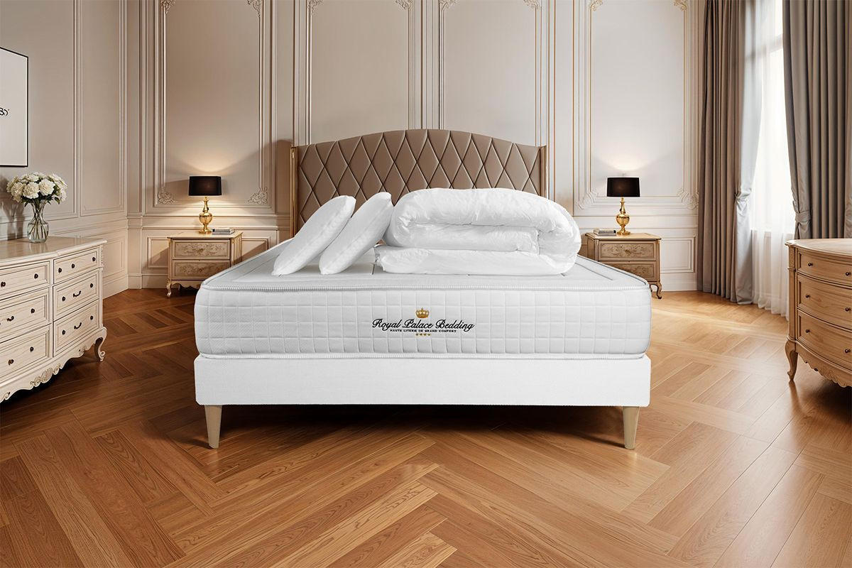 BETT Balmoral Memory-Schaum 200 x 200 cm h3 - Kit Bettgestell Weiß - Mit Kissen und Bettdecke - Beige/Weiß, Karton/Holz (200/200cm) - ROYAL PALACE BEDDING