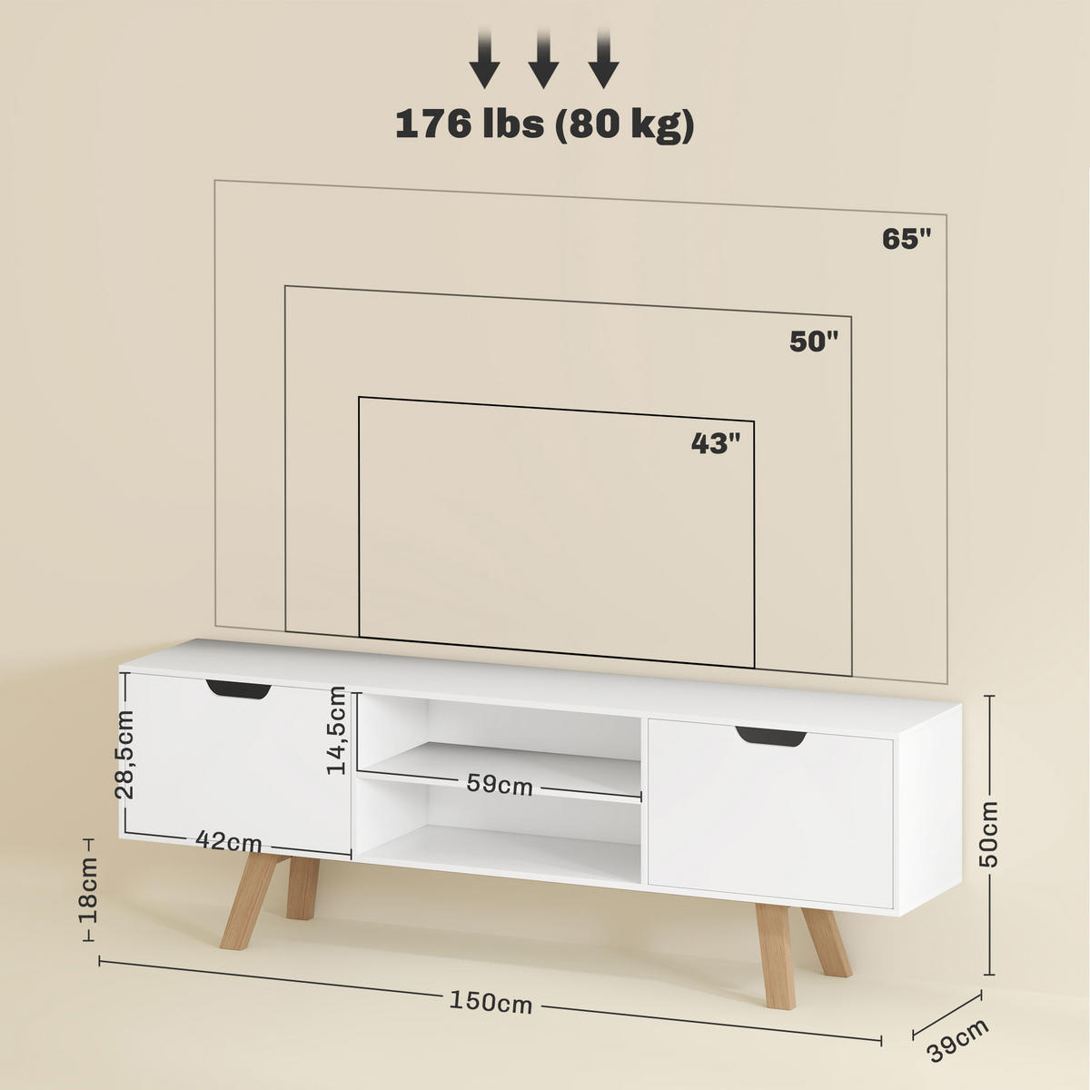 TV-SCHRANK, Fernsehtisch für Fernseher bis zu 65 Zoll, 150 x 39 x 50 cm Weiß - Weiß, Holzwerkstoff (150/50/39cm) - HOMCOM