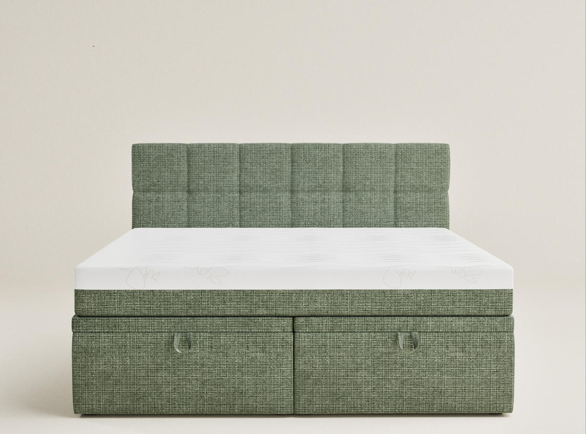 BOXBETT 140/200 cm Gotu S, in Grün, Matratze, gepolstertes Kopfteil, Bettkasten, H3 = fest - Schwarz/Grün, Holz/Holzwerkstoff (140/200cm) - Maison de Reve