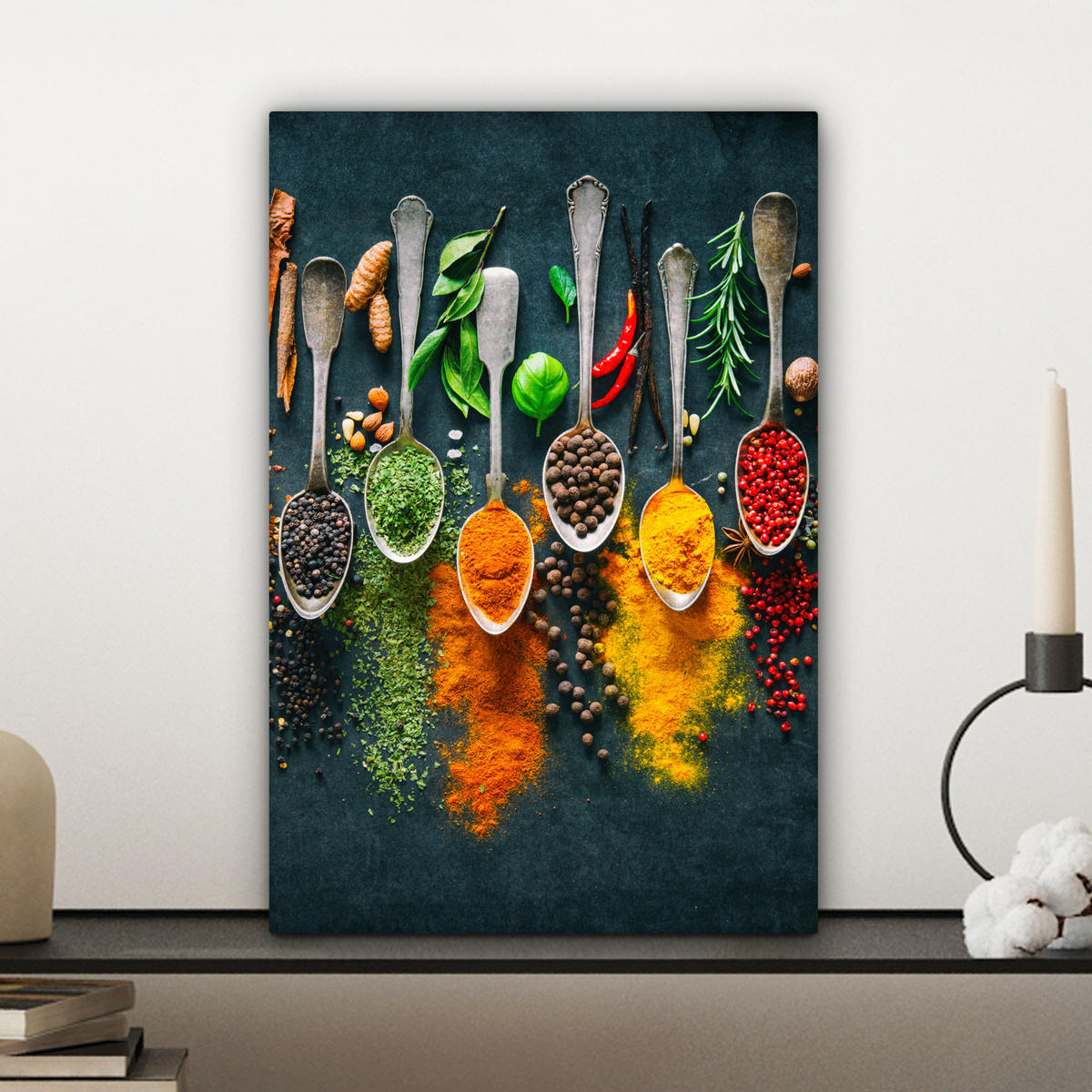 LEINWANDBILD Kräuter - Gewürze - Löffel Deko Wohnzimmer 20x30 cm - Currygelb, Textil (20/30cm) - MuchoWow