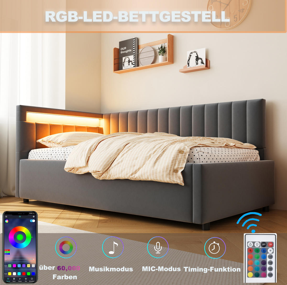 POLSTERBETT Schlafsofa 90/200 cm Grau aus Samt mit LED und Stauraum - Grau, Textil (90/200cm) - OKMYHOME