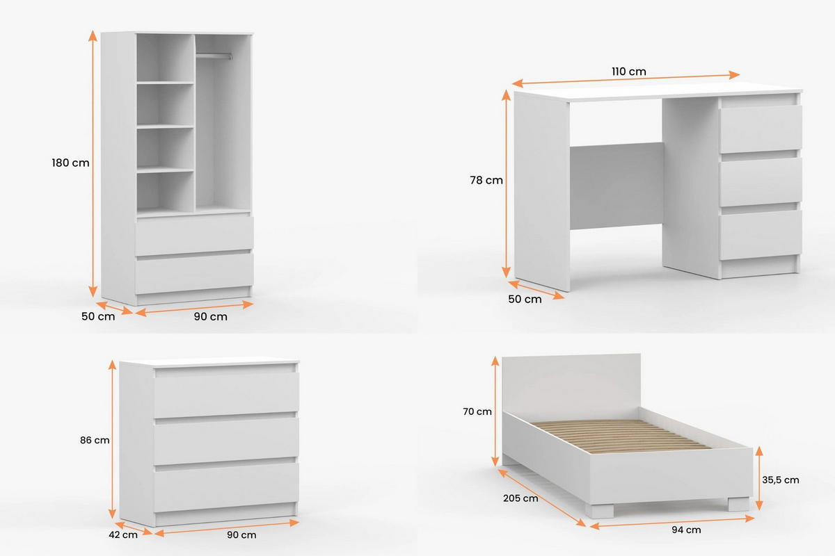 JUGENDZIMMER-SET SIMO F 4-teilig in Weiß - Weiß, Holzwerkstoff (384/180/96cm) - Deine Möbel 24