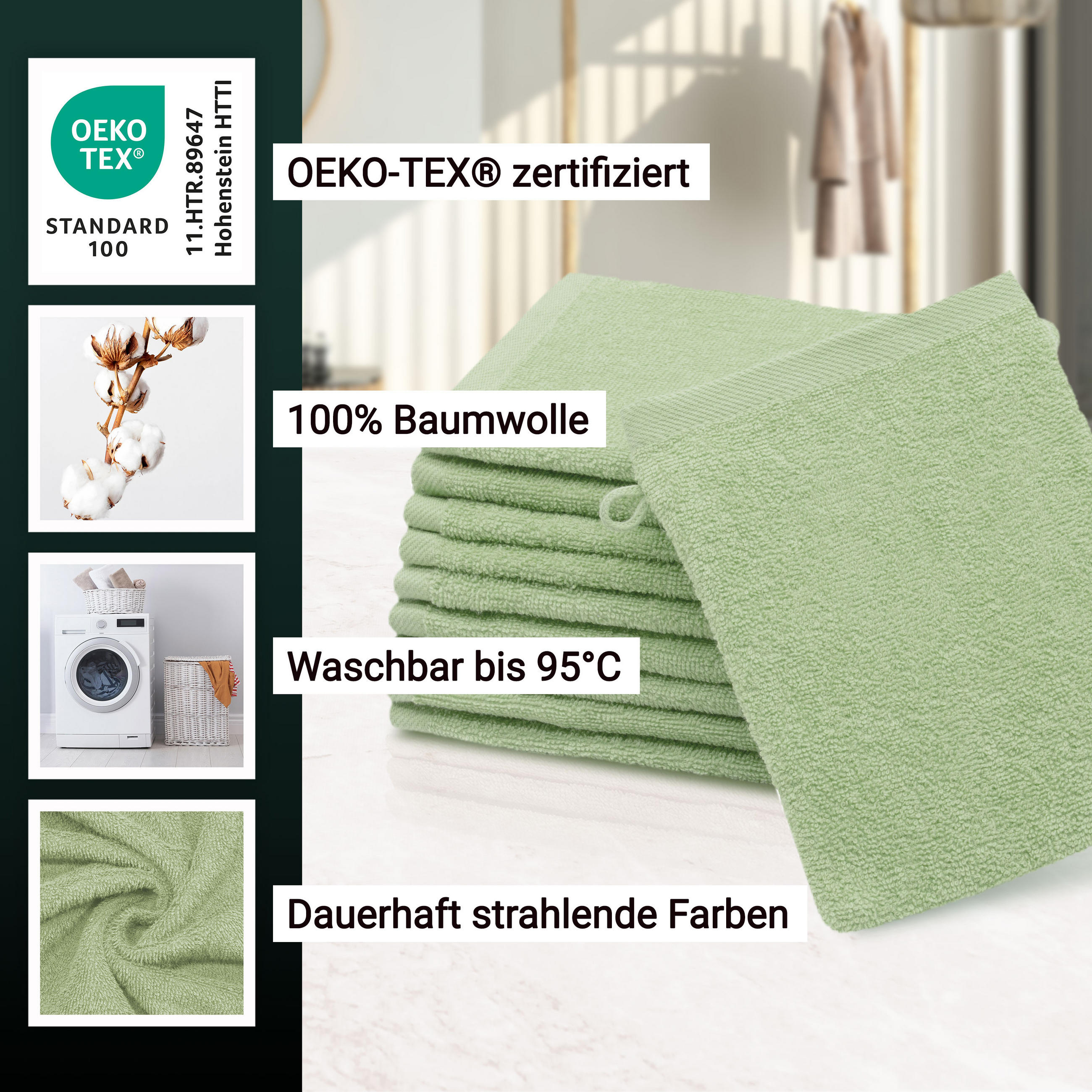 WASCHHANDSCHUH, 10er-Set, 16x21 cm, 100% Baumwolle, Grün - Hellgrün, Textil (16/21cm) - Zollner
