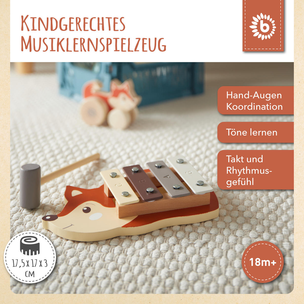 XYLOPHON Fuchs - ab 12 Monate - Multicolor, Holz (17/3/17.4cm) - Bieco Spielwaren