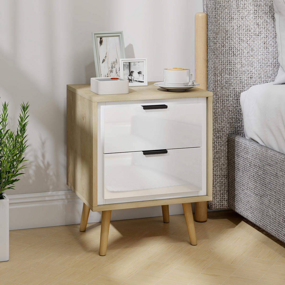 NACHTSCHRANK DE-12907 2 leise Schubladen Weiß - Eichefarben, Holzwerkstoff (35/50/40cm) - ComfortXL