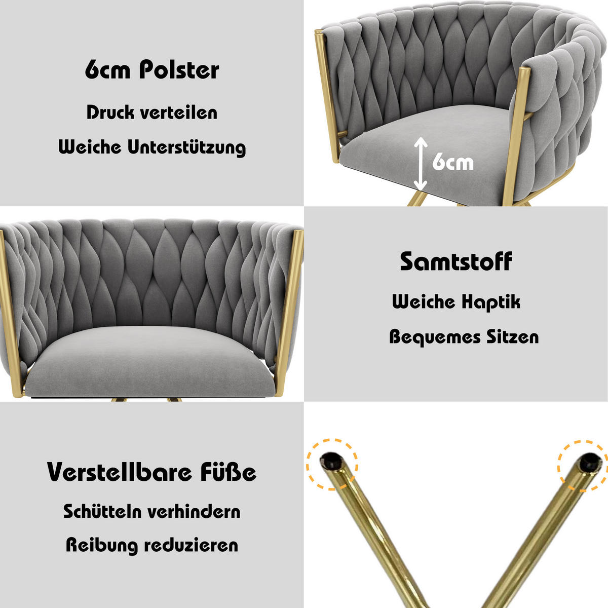 ESSZIMMERSTUHL 2er-Set Samt, 360° Drehbar, Metallbeine, Grau & Gold Luxus-Stuhl für Wohnzimmer & Schlafzimmer - Grau, Textil/Metall (59/72/54cm) - Urban Meuble