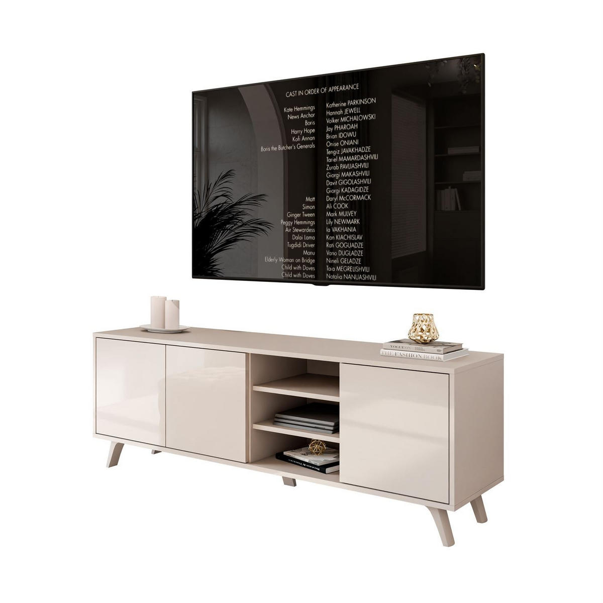 TV-SCHRANK SANAYI mit hohen Kunststoffbeinen Kaschmir Hochglanz - Beige, Holzwerkstoff (156/54/38cm) - Lookway