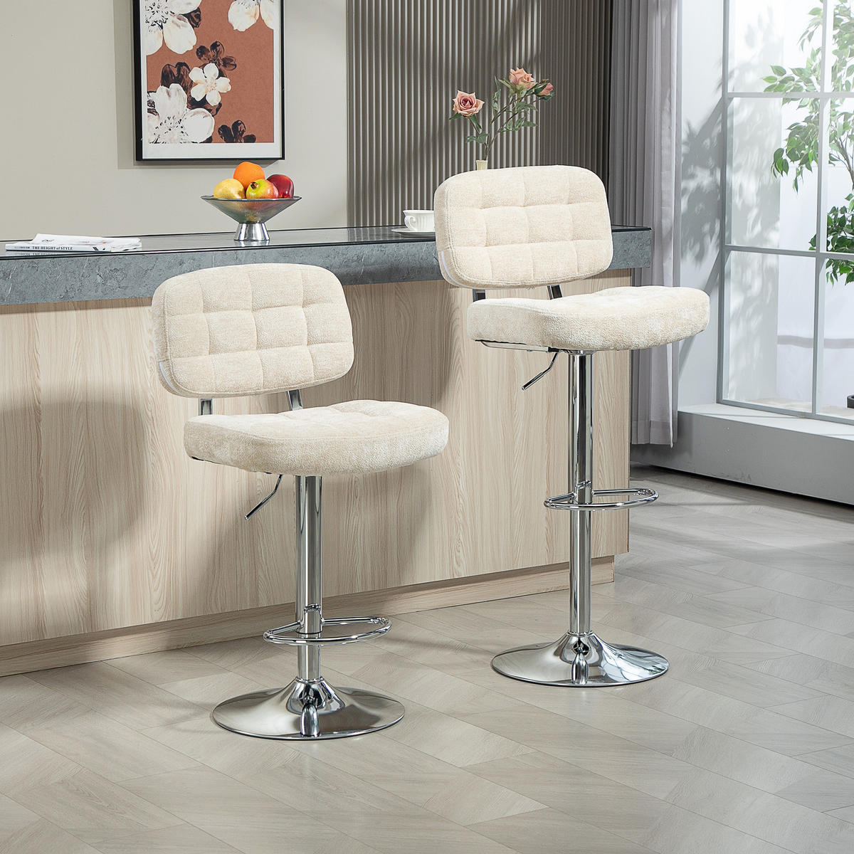 BARHOCKER 2er-Set DE-14756 höhenverstellbar mit Boucle-Stoff & Fußstütze Beige - Beige, Metall (45/115/51cm) - ComfortXL
