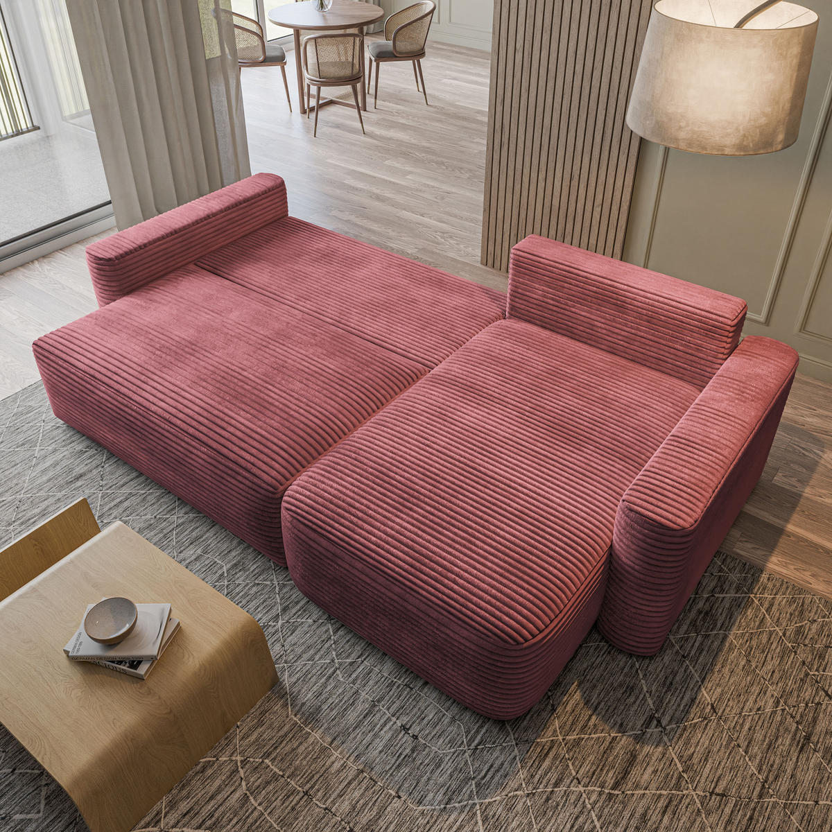 ECKSOFA NERI T Rosa Kordstoff mit Schlaffunktion - Rosa, Holzwerkstoff/Textil (280/157cm) - MASSENO