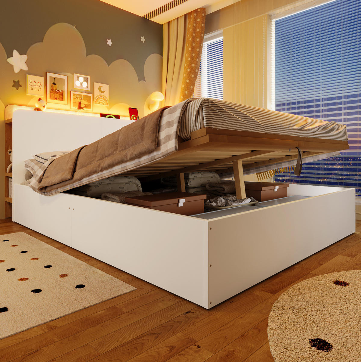 BETT mit Bettkasten 140/200 cm in Weiß/Natur – mit USB-C, LED und Kopfteil - Weiß, Holz (140/200cm) - BEAOK