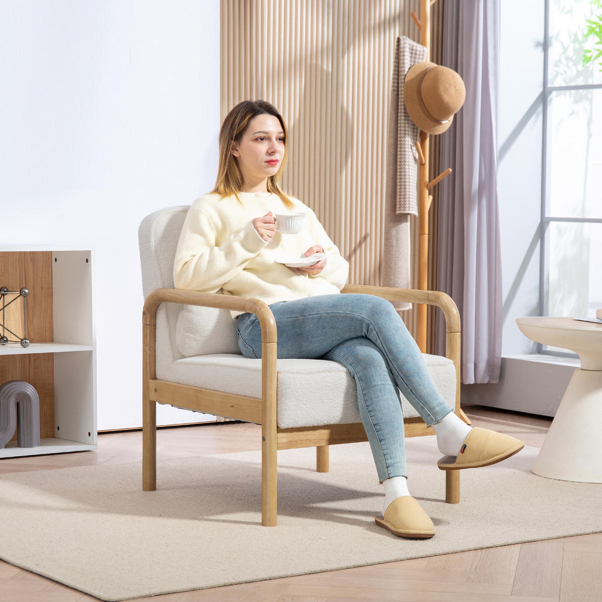 SESSEL mit Armlehnen, Holzbeine, Weiß - Weiß, Textil (80/83/67cm) - HOMCOM