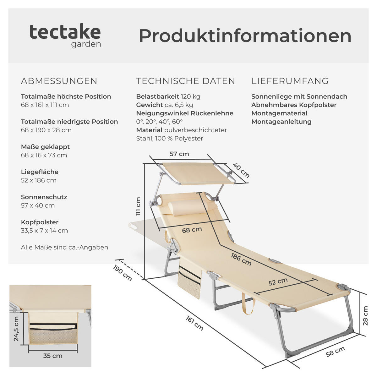 SONNENLIEGE Chloé,190 x 68 x 28 cm, mit Seitentasche,beige - Beige, Kunststoff (68/111/161cm) - tectake