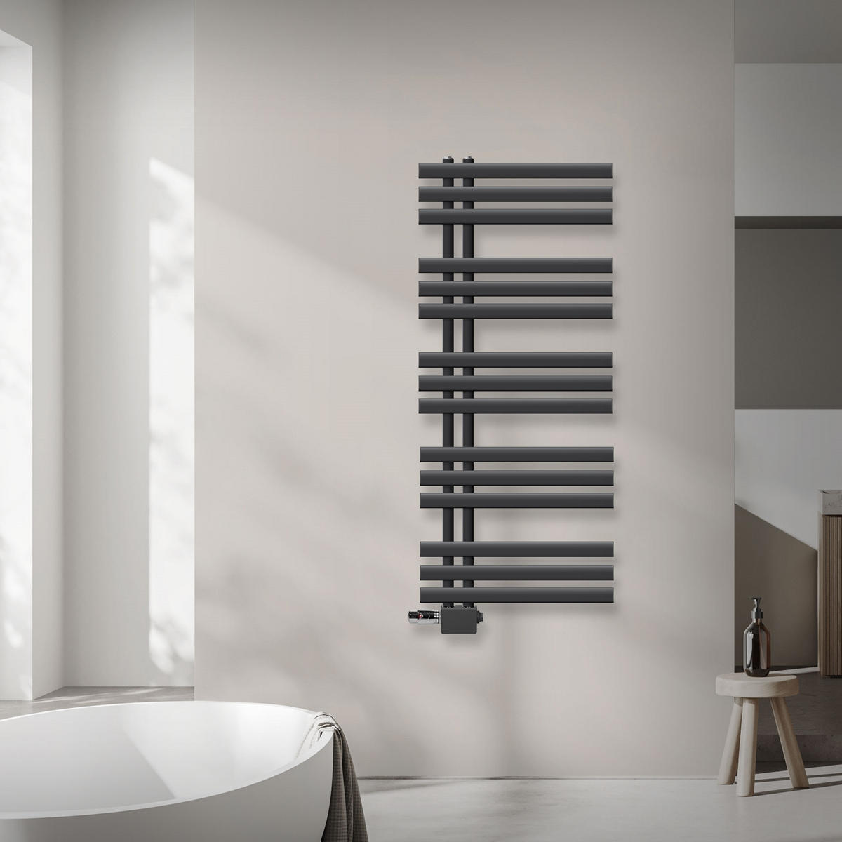 KOUPELNOVÝ radiátor Iron EM 500 x 1200 mm antracitový s univerzálním ventilem - antracitová, kov (50/120/3cm) - LuxeBath
