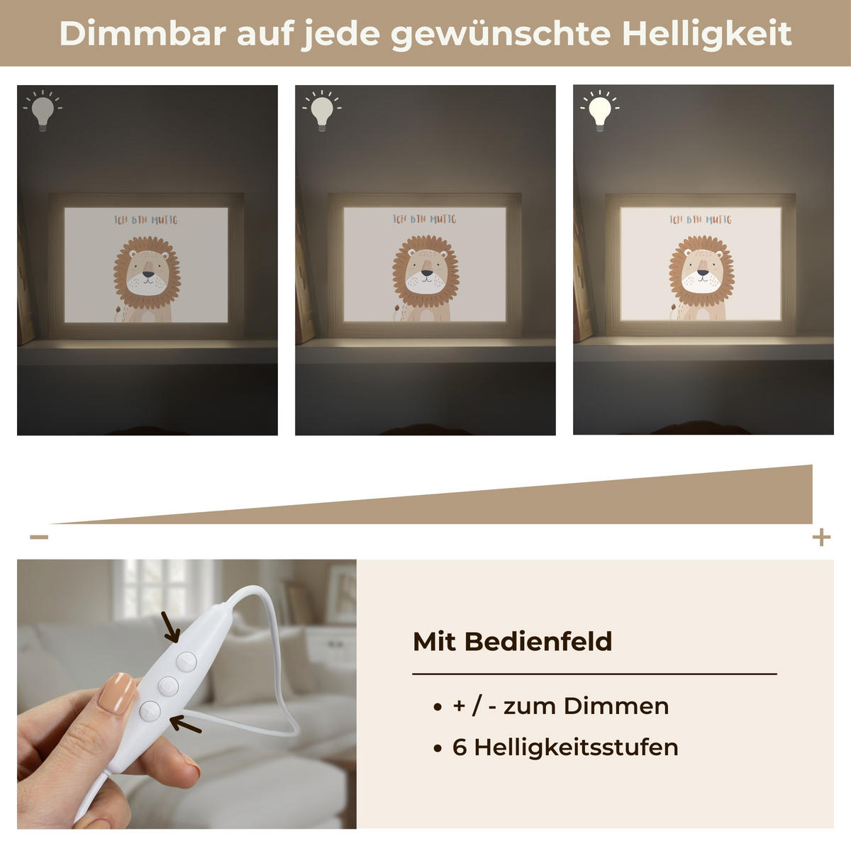 WANDLEUCHTE Löwe - Beige - Tier - Mutig - Zitat 20x15 cm - Beige, Holzwerkstoff (20/15/8cm) - OnlyWow