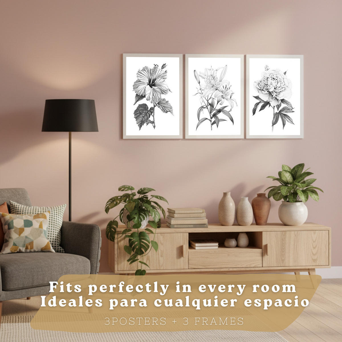 PLAKAT Sada 3 obrázků květin. Dekorativní nástěnné tisky Květiny tužkou. botanický plakát na zeď. Černobílé květinové malby.Velikost A4 Bílý rám - bílá, papír (29.7/42/3cm)