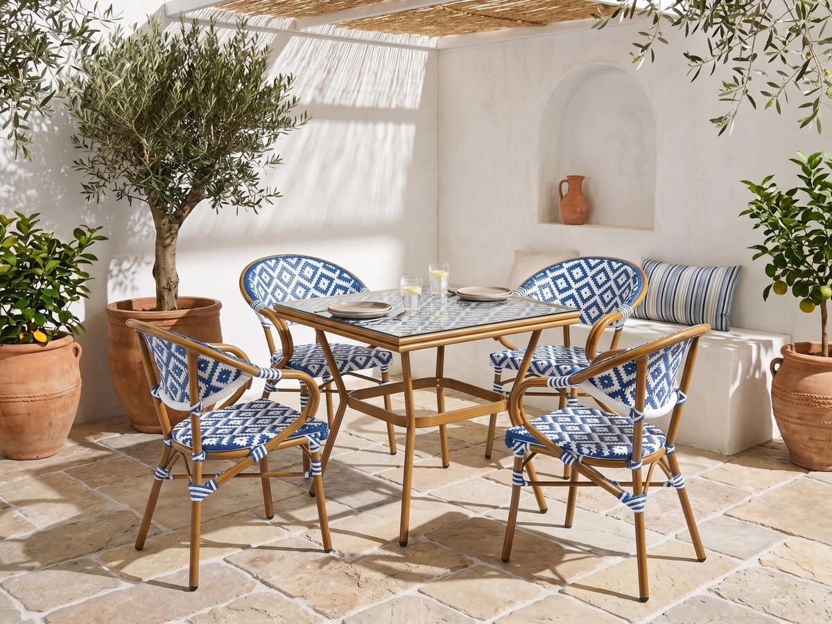 BISTROTISCH Outdoor 80 cm 80 cm Polyrattan Blau/Weiß Caspri - Blau/Weiß, Kunststoff (80/80/77cm) - Beliani