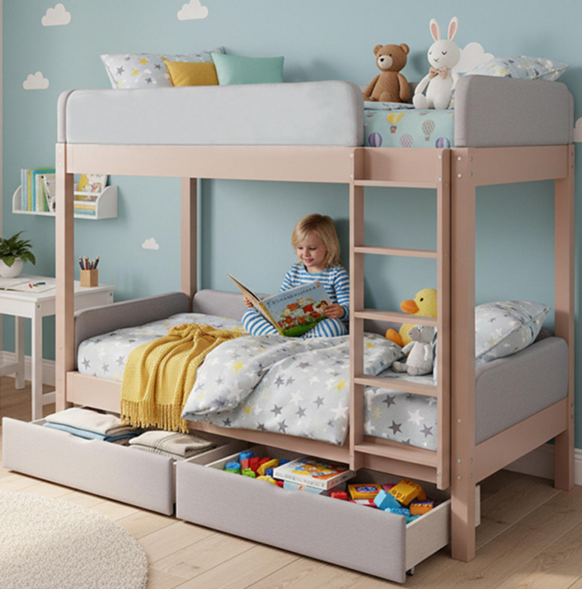 ETAGENBETT 90/200 cm Grau/Natur mit 2 Schubladen und gerader Treppe - Grau, Holz (90/200cm) - Flora Grace