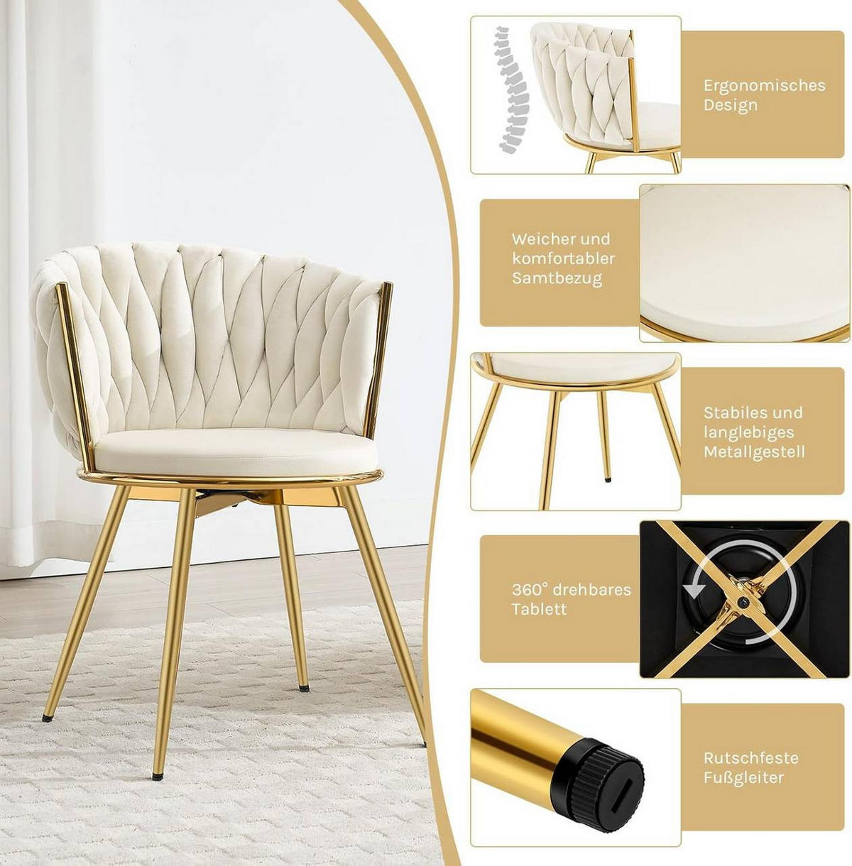 ESSZIMMERSTUHL 2er Set, drehbar, Samt, Beige - Beige/Goldfarben, Textil/Metall (60.5/78/59.5cm) - Woltu