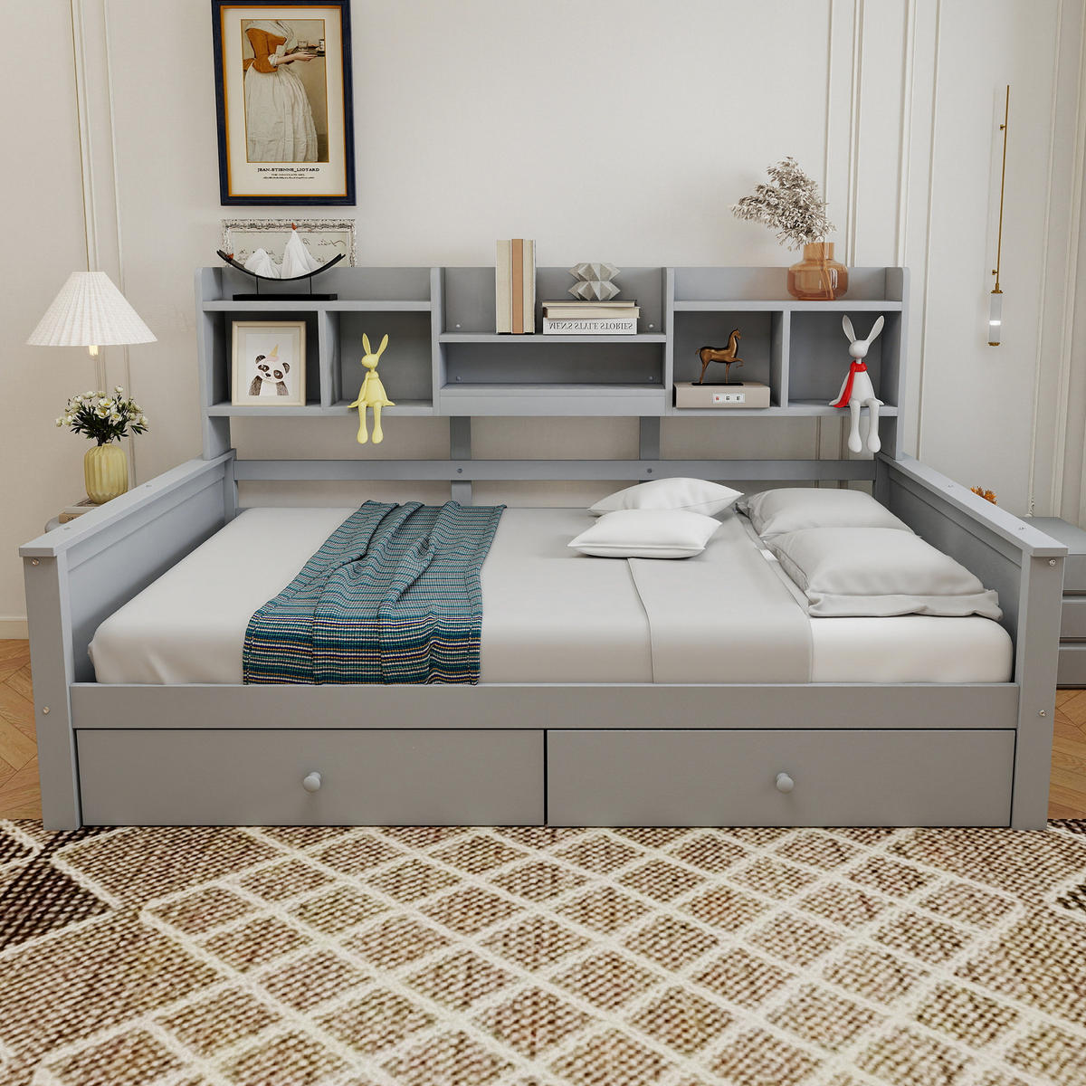 MULTIFUNKTIONSBETT 90/200 cm grau aus Massivholz mit Schubladen und Regalfächern - Grau, Holzwerkstoff (90/200cm) - OKWISH