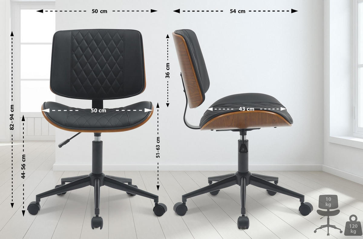 DREHSTUHL Holz walnuss/schwarz - Walnussfarben/Schwarz, Holz/Textil (50/82/54cm) - CLP