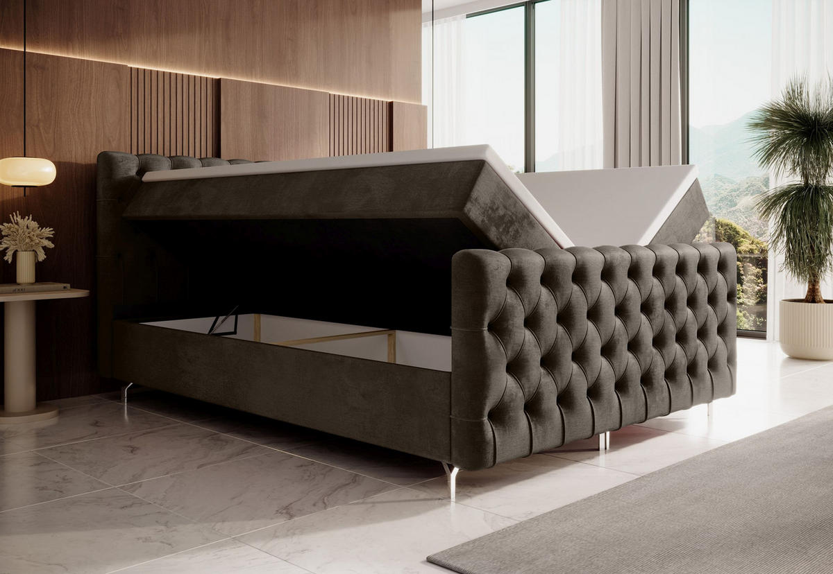 BOXBETT CHESTER 200x200, mit Matratze H3, Bonell und Topper, Monolith 15 - Braun, Holz/Textil (200/200cm) - Bedante