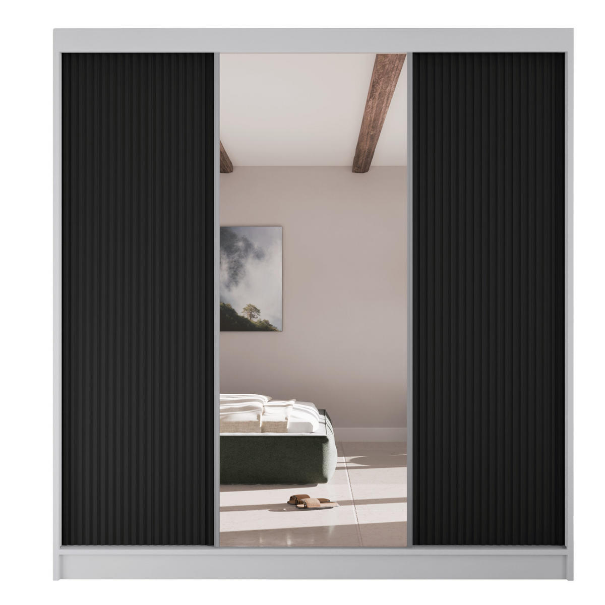 SCHWEBETÜRENSCHRANK Rafi mit Spiegel und mit geriffelten Fronten, 200 cm, Weiß+Schwarz - Schwarz/Weiß, Holzwerkstoff (200/215/61cm) - AN-Moebel 4u