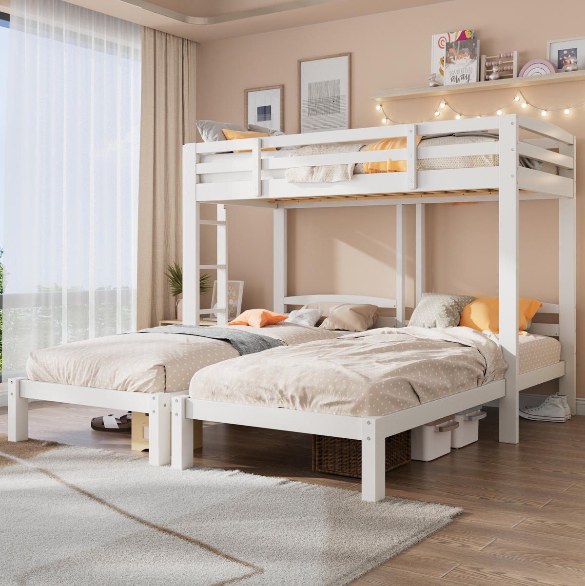ETAGENBETT aus Kiefernholz 90x200 cm Weiß mit 3 Schlafplätzen und Seitenleiter - Weiß, Holzwerkstoff (90/200cm) - IVMEU