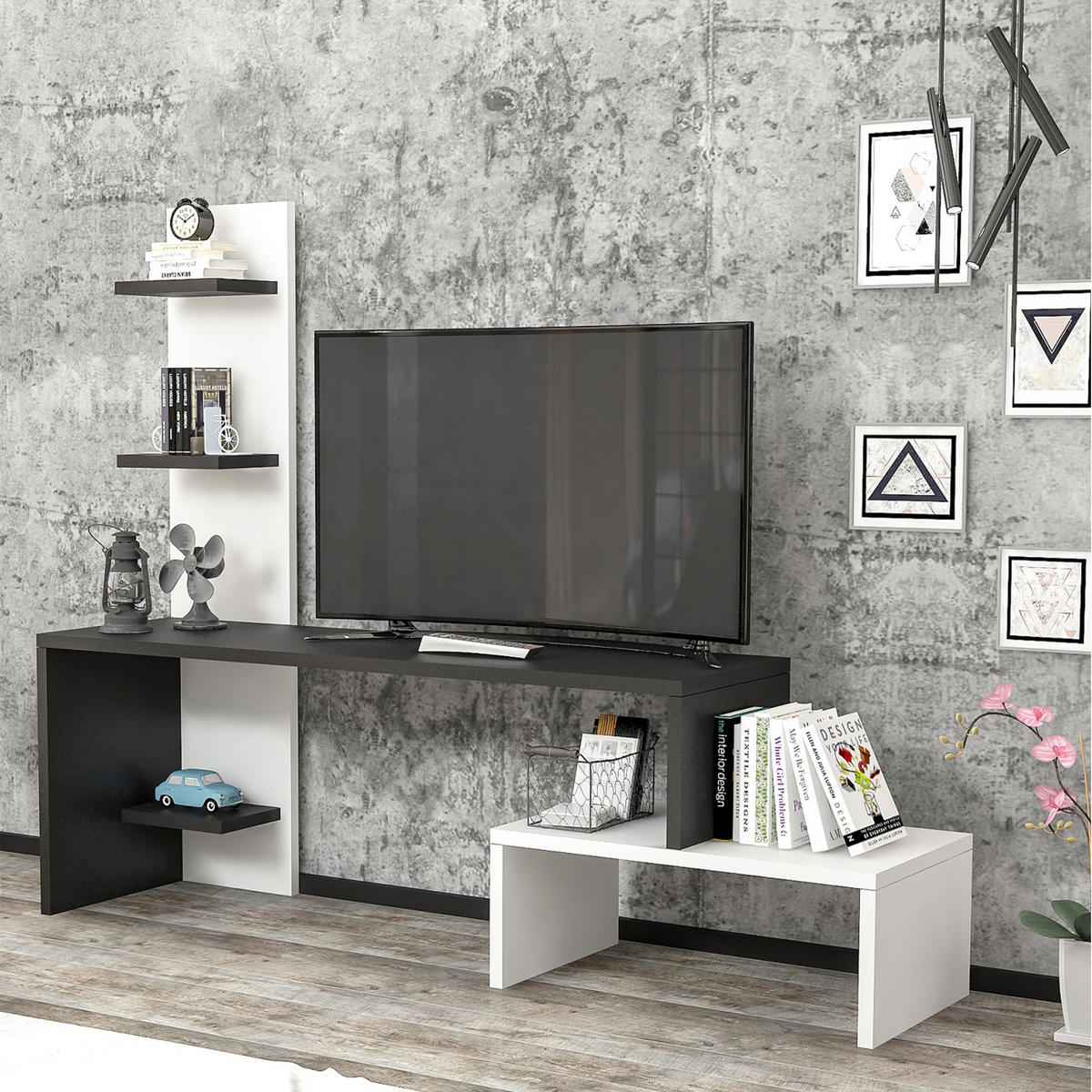 TV-ELEMENT Hörby - Schwarz/Weiß, Holzwerkstoff (124/100/32cm) - [en.casa]