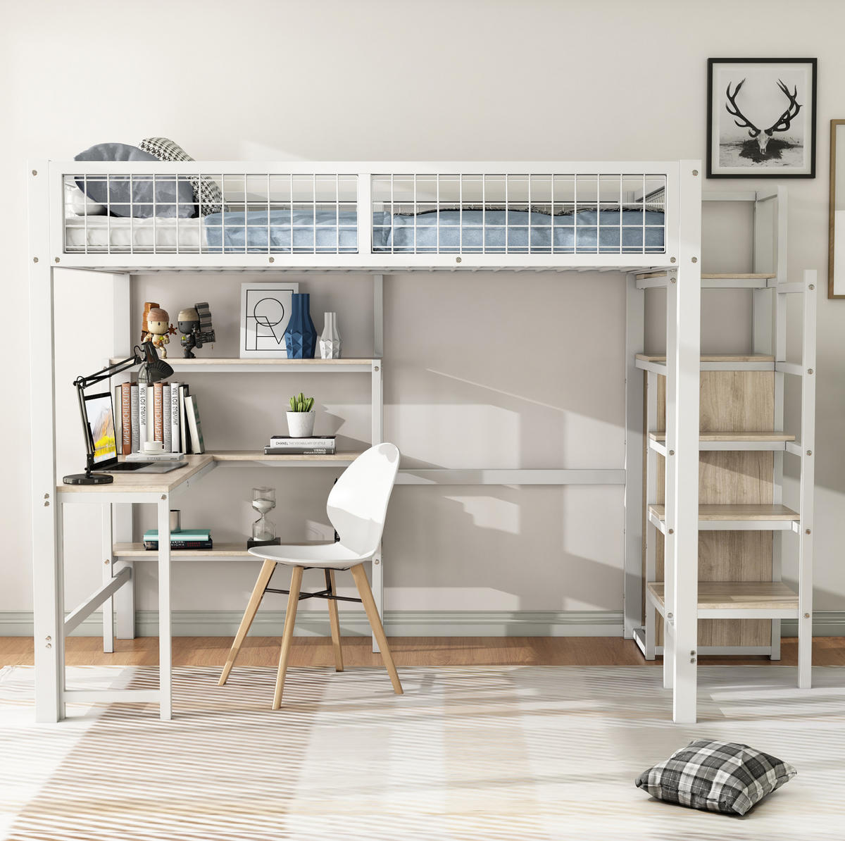 HOCHBETT 140/200 cm Weiß mit Schreibtisch, Regalen und Kleiderschrank - Weiß, Metall (140/200cm) - MIVRAY