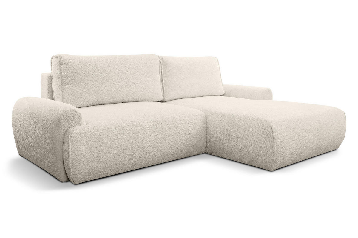 ECKSOFA Moon in L-Form mit Schlaffunktion und Bettkasten, Farbe: Beige, Bouclé-Stoff, Ottomane Rechts - Beige, Textil (260/136cm) - VENASI MÖBEL