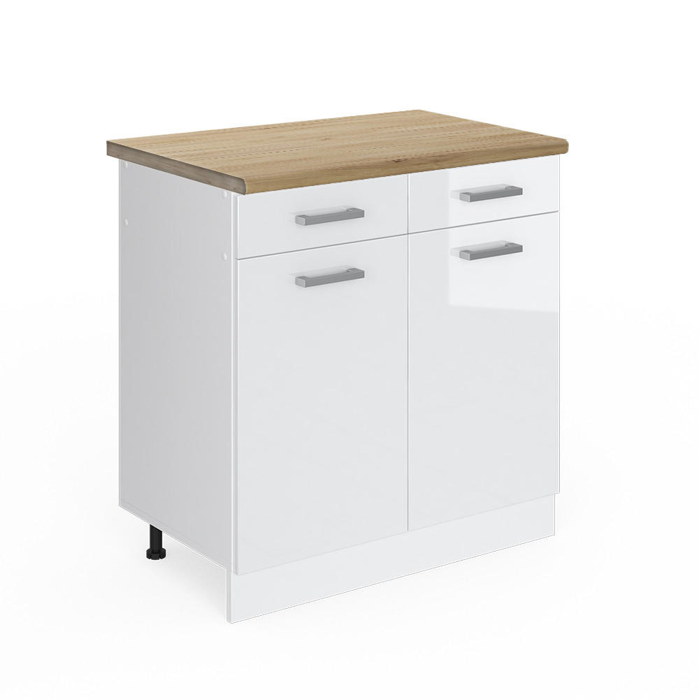 KÜCHENUNTERSCHRANK R-Line Weiß Hochglanz 80 cm AP Eiche - Weiß Hochglanz/Weiß, Holzwerkstoff (80/81.6/60cm) - Vicco