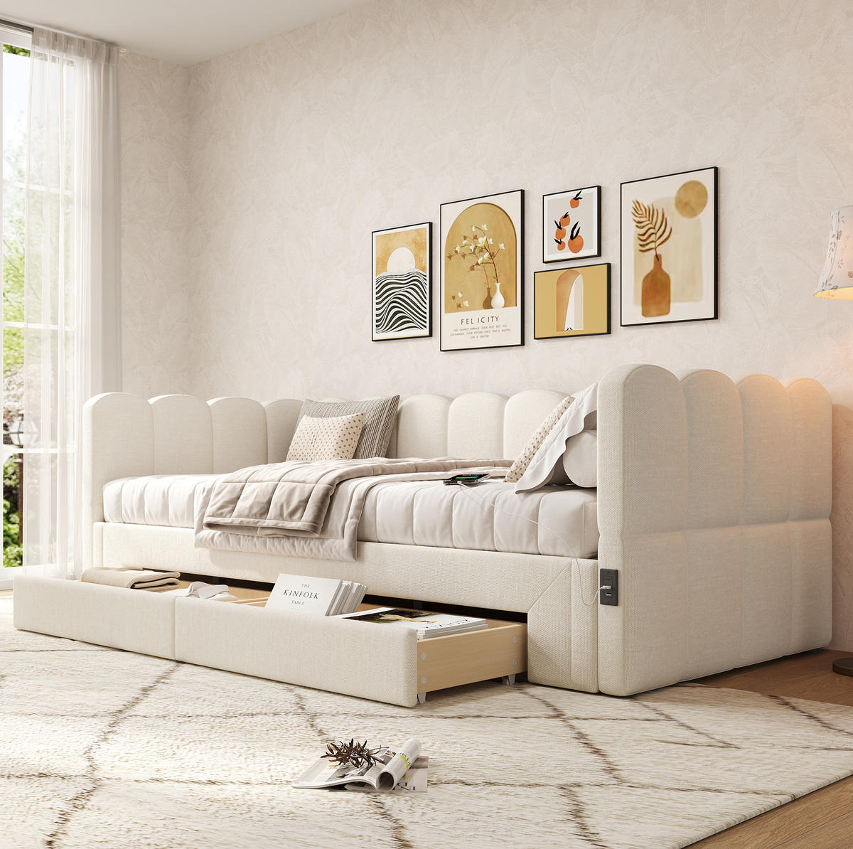 TAGESBETT 90/200 cm ausziehbar auf 180/200 cm mit 2 Schubladen, USB- und Typ-C-Anschluss, Leinenbezug, Beige - Beige, Textil (90/200cm) - Redom