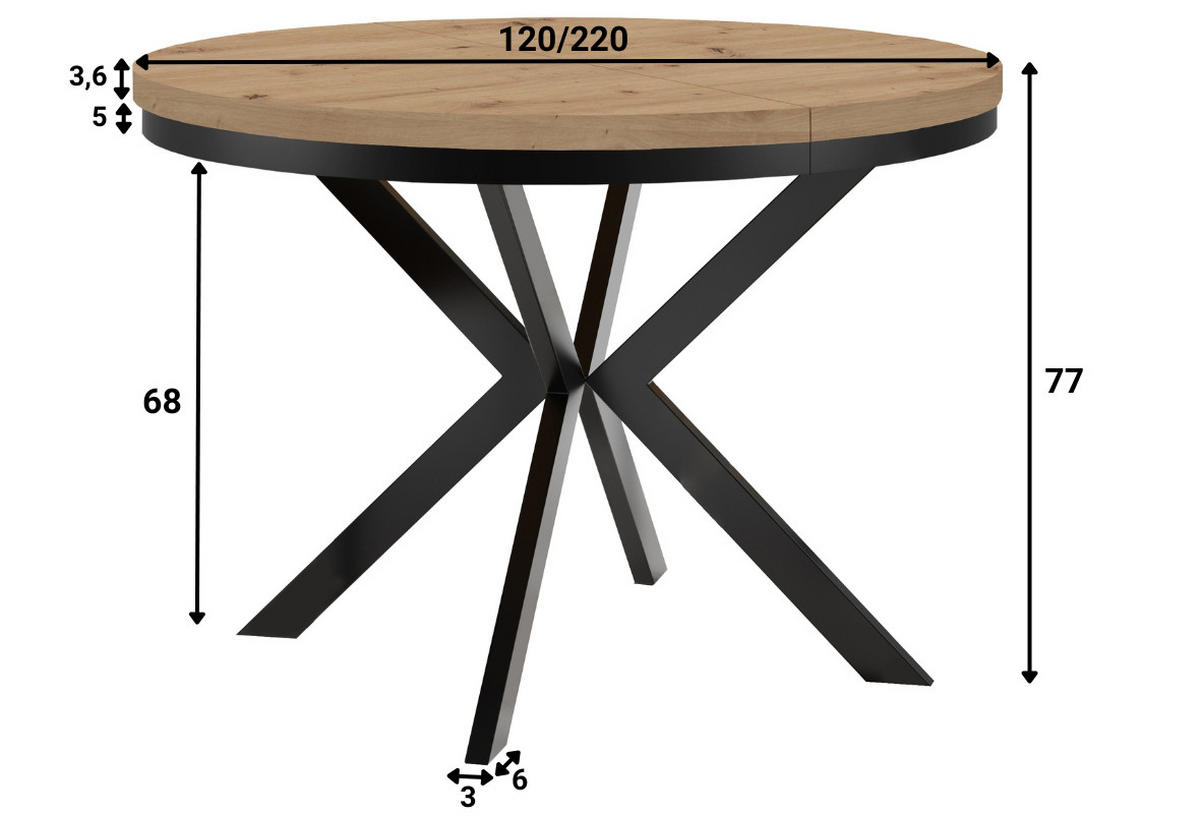 ESSTISCH Runder Ausziehbarer Tisch für Esszimmer ENDIK mit Ring-Gestell und Metallbeinen, Durchmesser: 120 / 220 cm, Farbe: Schwarz - Schwarz, Holz (220/120/77cm) - Dekori_Interiors