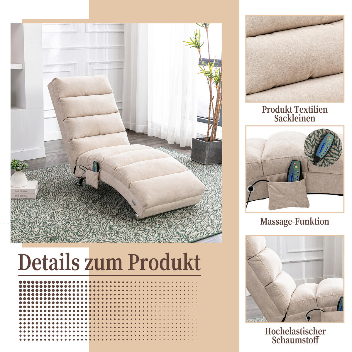 LIEGESOFA Entspannungsliege – mit Ganzkörperunterstützung, Vibrationsfunktion & Seitentaschen, modern, für Wohnzimmer, Büro & Schlafzimmer - Beige, Textil (55/84/148cm) - Ej. Life