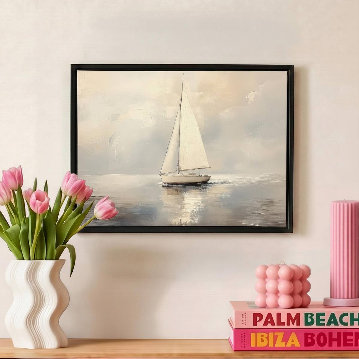 LEINWAND Bilder mit Rahmen - Segelschiff - Meer - Bewölkt - 40x30 - Creme, Textil (40/30cm) - MuchoWow