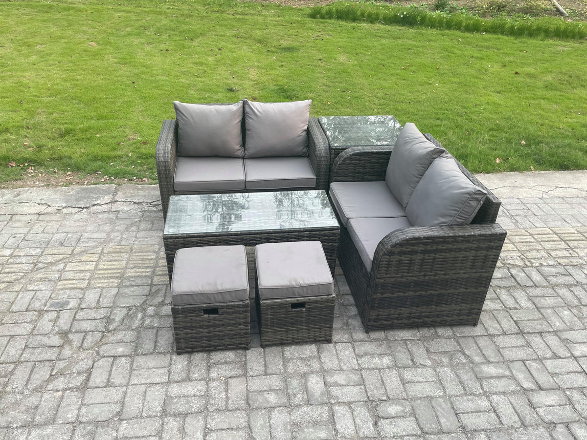 GARTENSOFA SET mit 2 HOCKER COUCHTISCH Polyrattan 6-Sitzer - Dunkelgrau/Grau, Glas/Kunststoff - Fimous