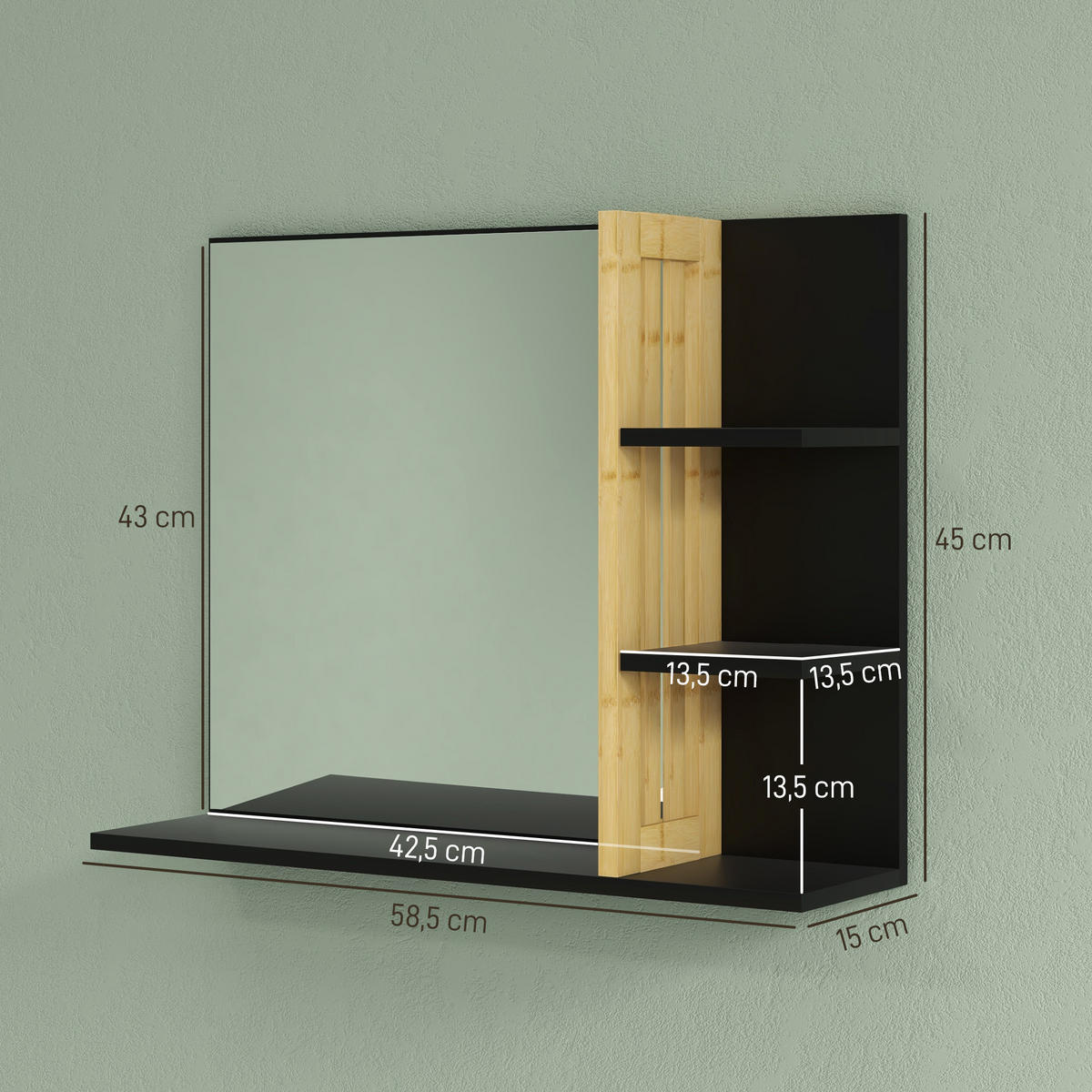 BADEZIMMERSPIEGEL DE-15147 3 Seitenablagen + untere Ablage Bambus - Schwarz, Holzwerkstoff (15/58.5/45cm) - ComfortXL