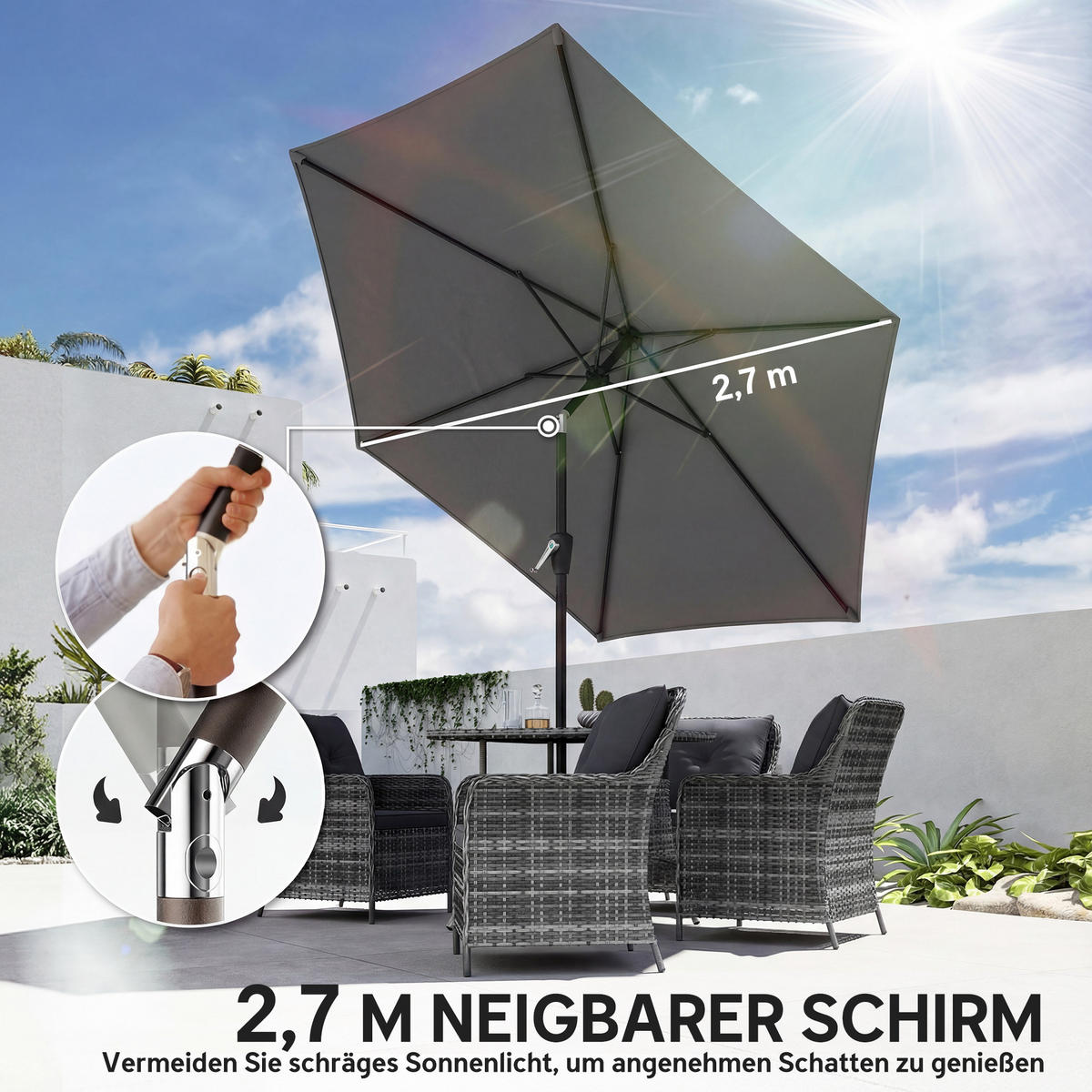 SONNENSCHIRM knickbar Dunkelgrau 270/219 cm - Dunkelgrau, Textil (270/270cm) - Outsunny