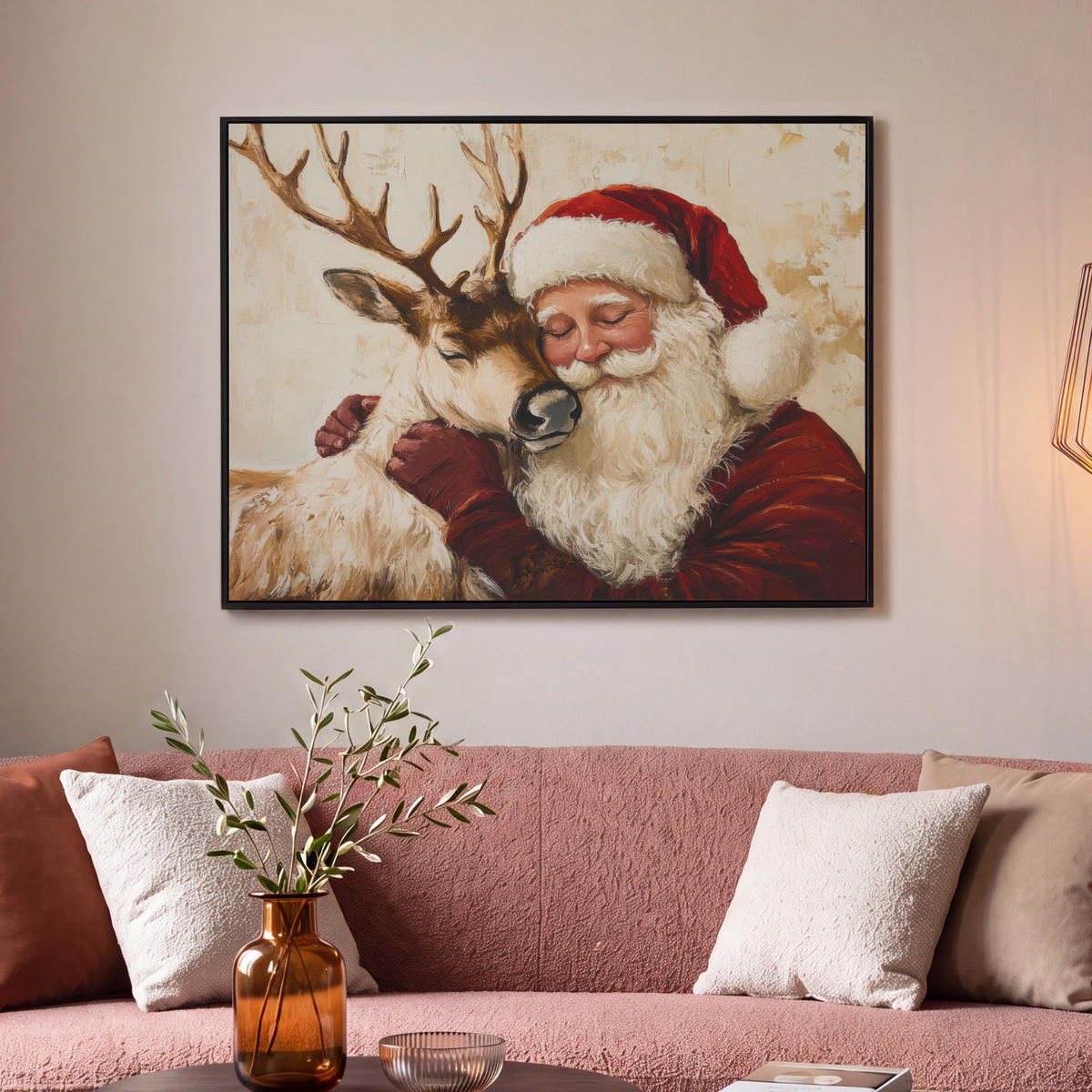 LEINWAND Bilder mit Rahmen - Weihnachtsmann - Rentier - Weihnachten - 100x70 - Rotbraun, Textil (100/70cm) - MuchoWow